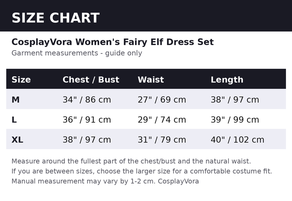 Size chart - guide measurements in inches and cm