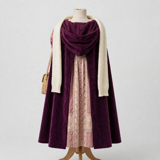 Back view of the cloak and dress on a dress form