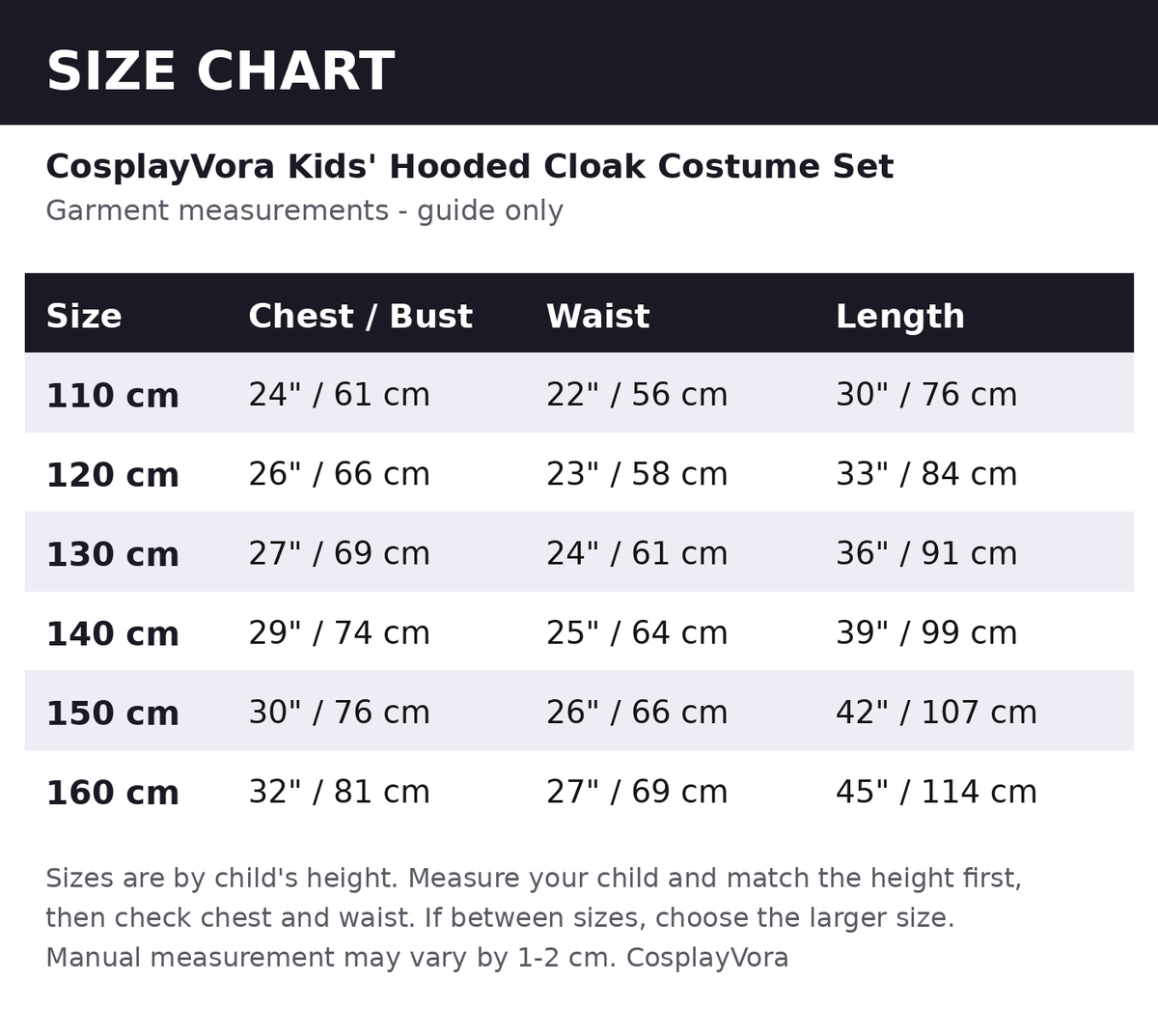 Size chart - guide measurements in inches and cm