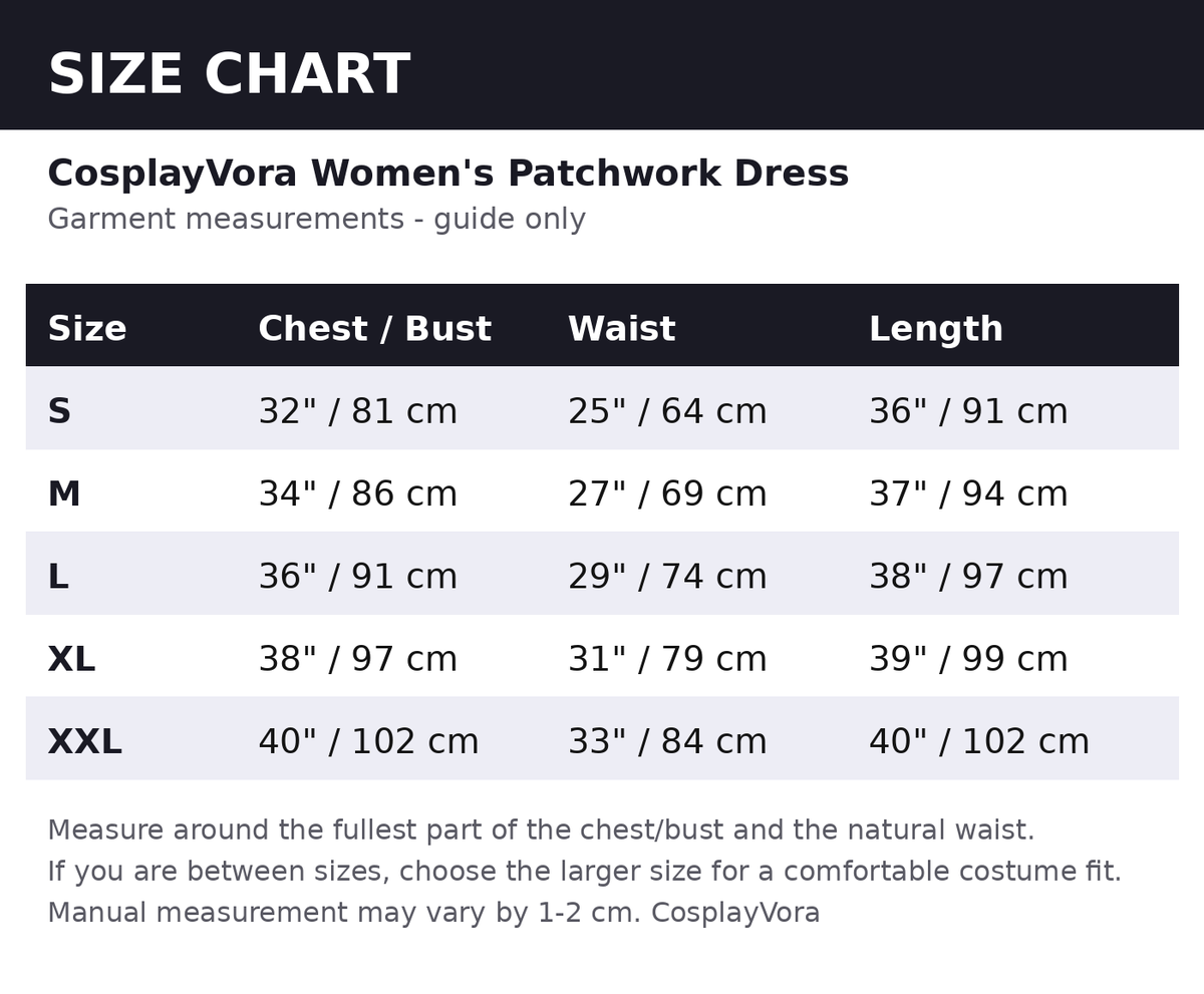 Size chart - guide measurements in inches and cm