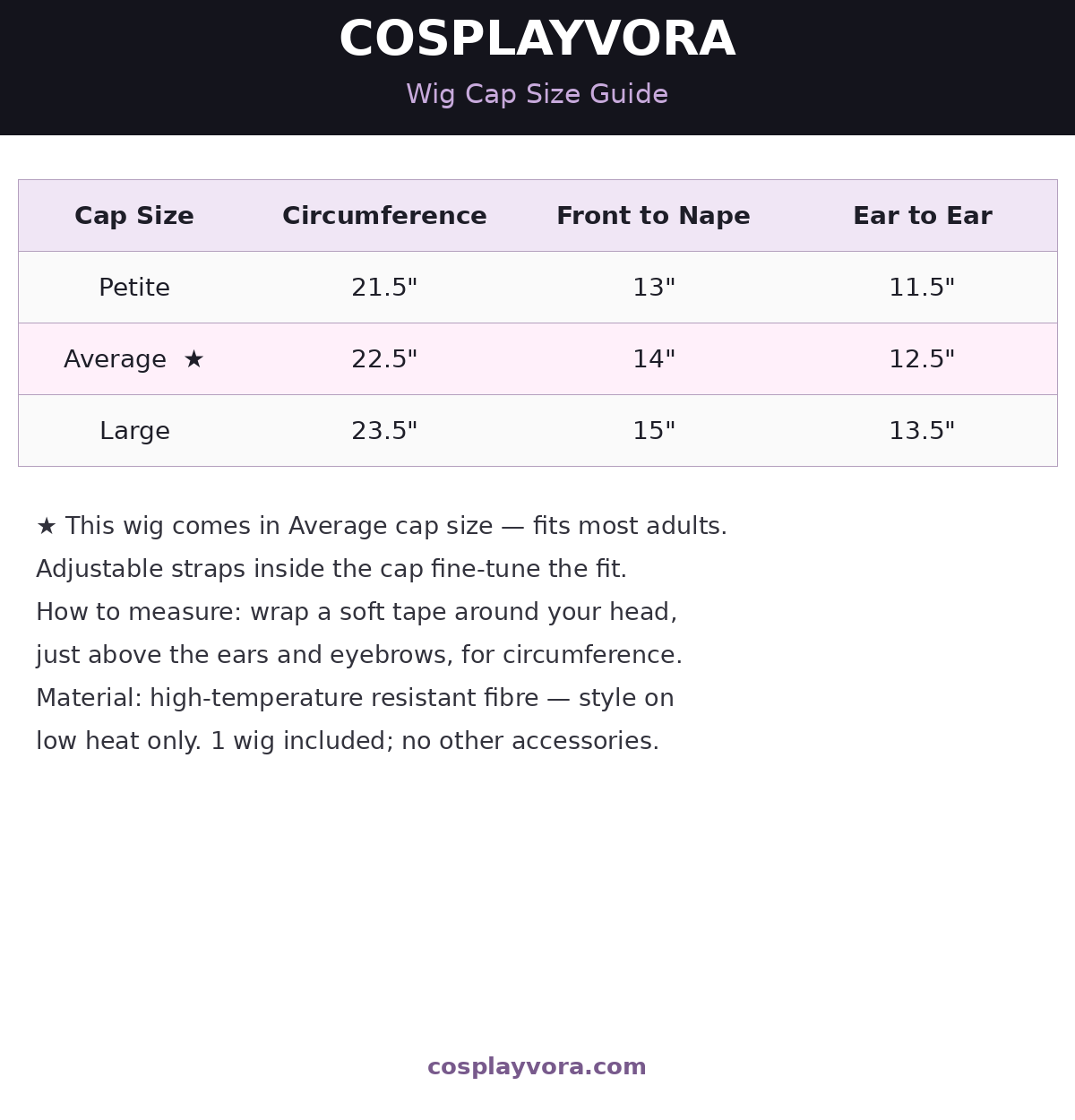 Wig cap size guide - average cap fits most adults