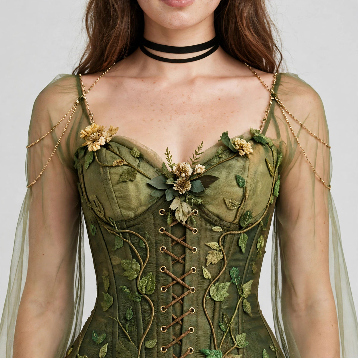 Close-up of the corset bodice and vine detailing