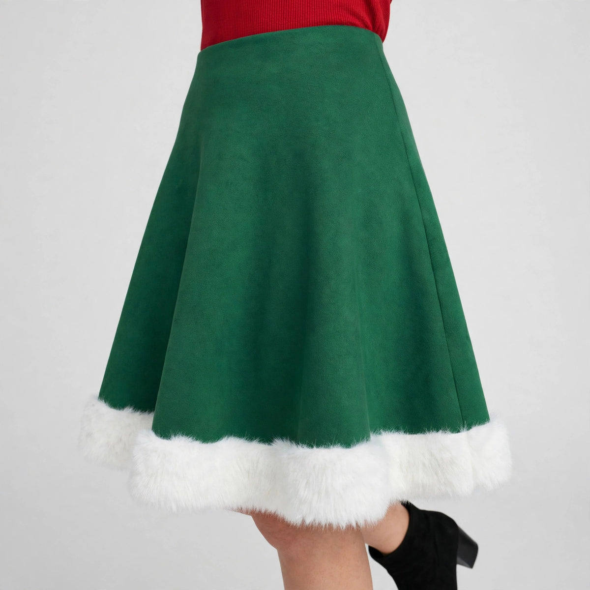 Close-up of the skirt fabric and faux-fur hem trim