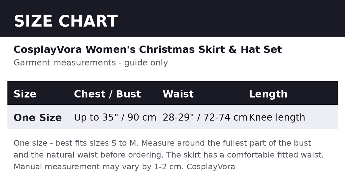 Size chart - guide measurements in inches and cm