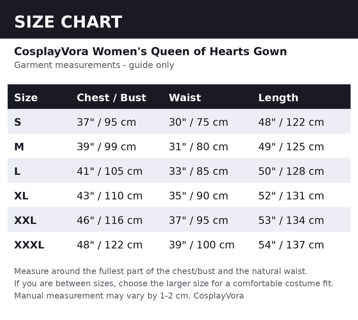 Size chart - guide measurements in inches and cm
