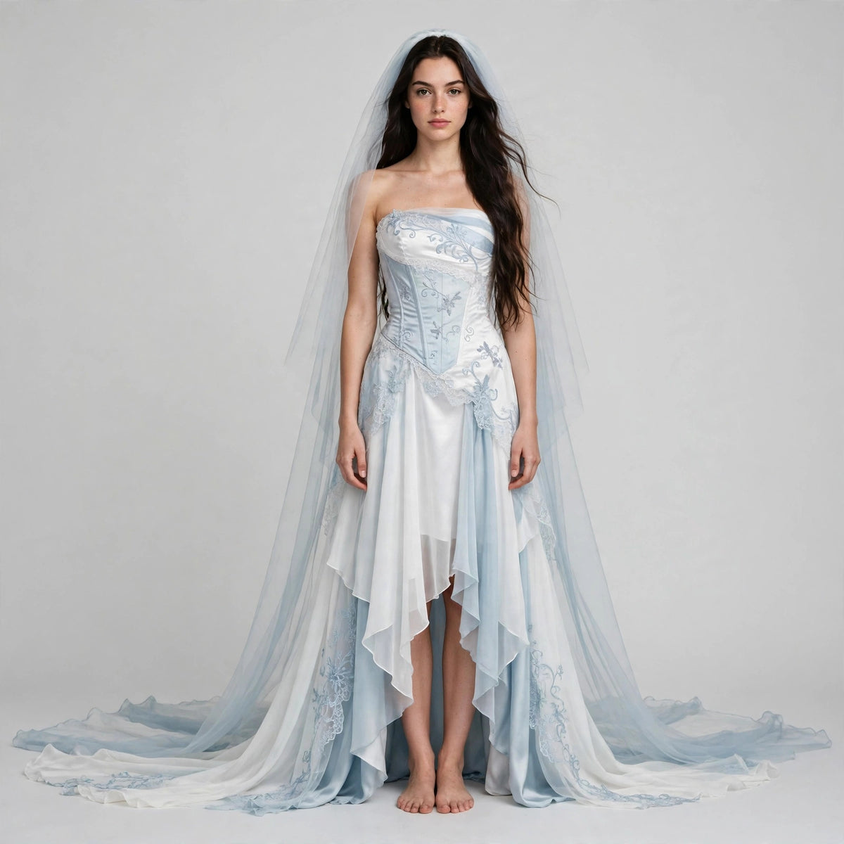 Front full-body model shot with veil