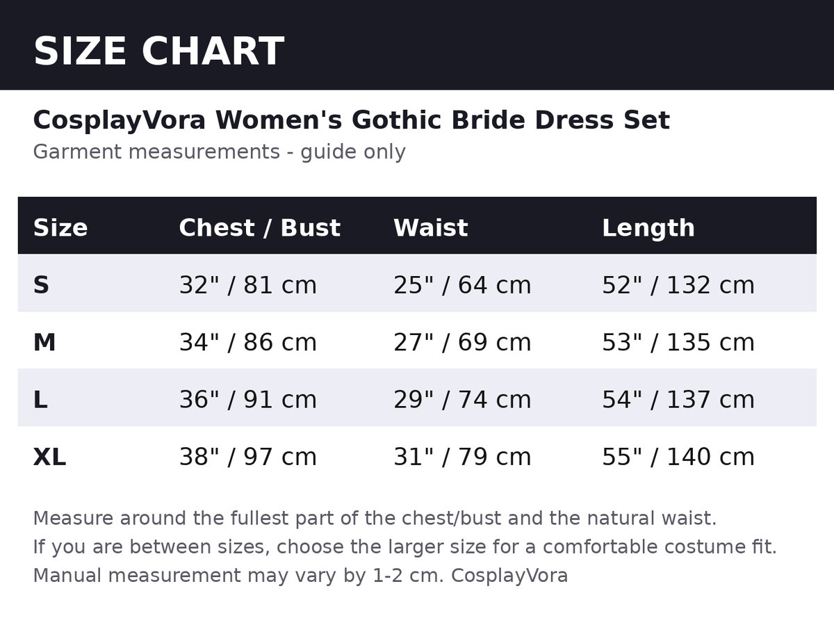 Size chart - guide measurements in inches and cm