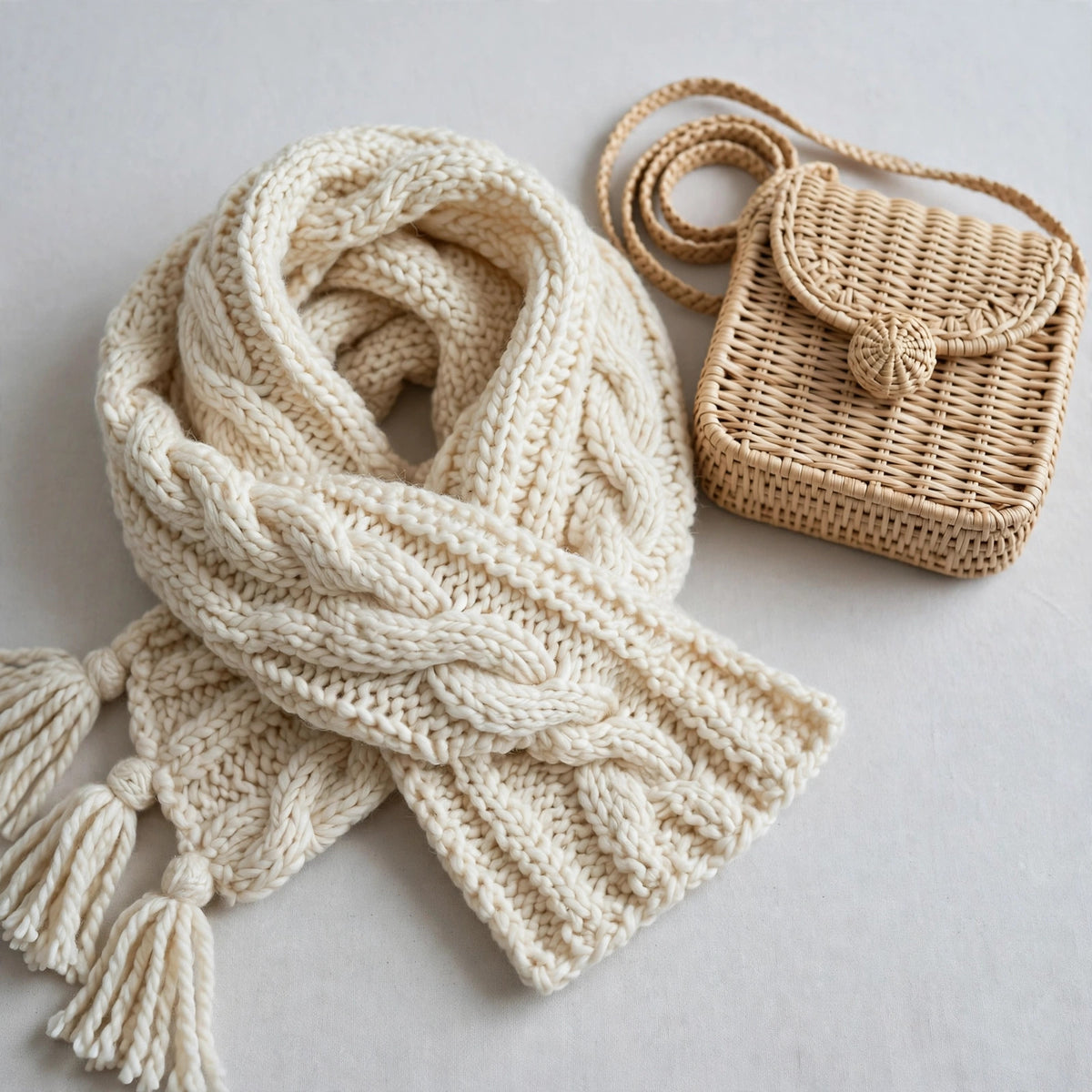 Close-up of the knitted scarf and shoulder bag