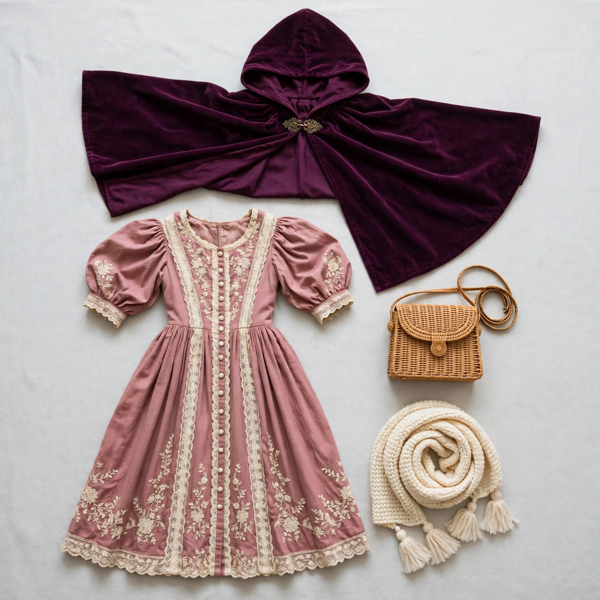 Flat lay of all four pieces - cloak, dress, scarf and bag