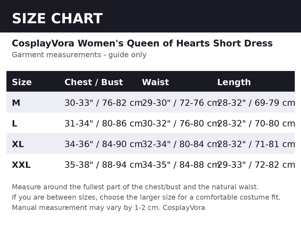 Size chart - guide measurements in inches and cm