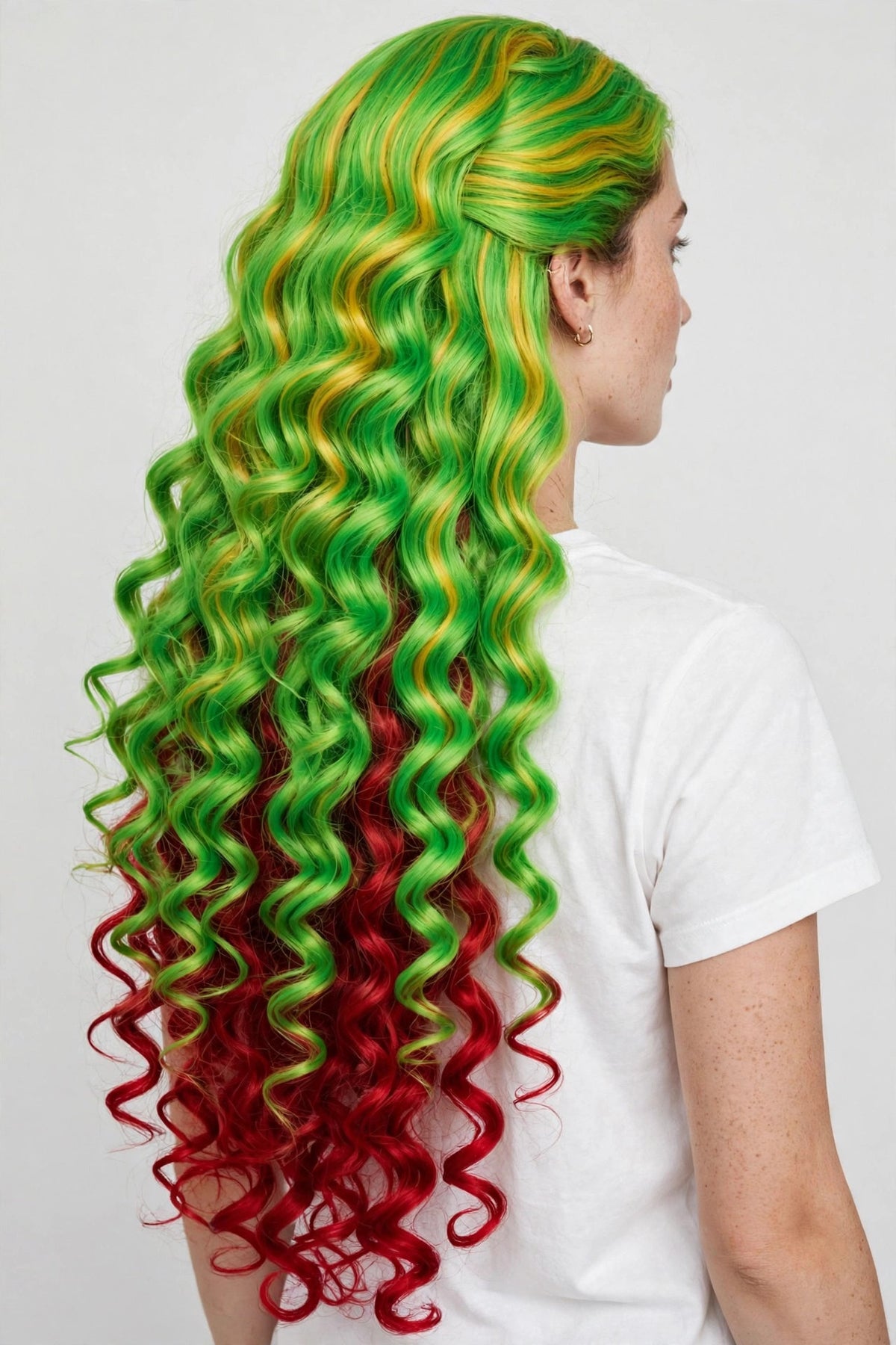 Neon Green Red long curly ombre cosplay wig - back view showing full length