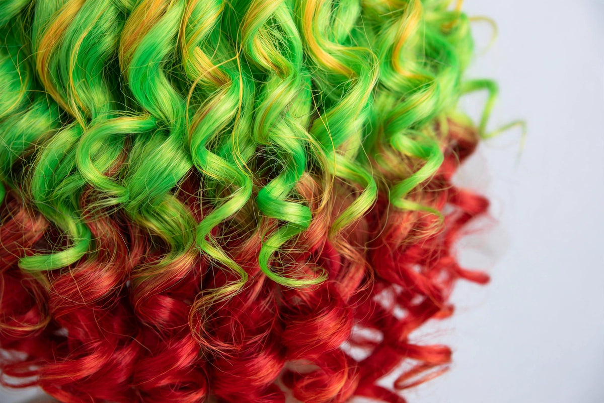 Neon Green Red long curly ombre cosplay wig - close-up of curls and ombre color