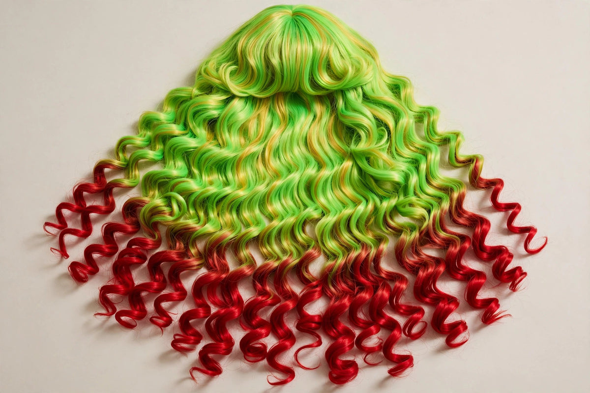 Neon Green Red long curly ombre cosplay wig - flat lay