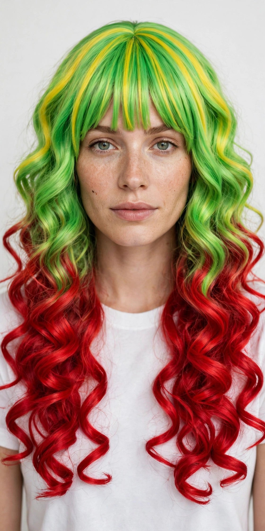 Neon Green Red long curly ombre cosplay wig - front view on model