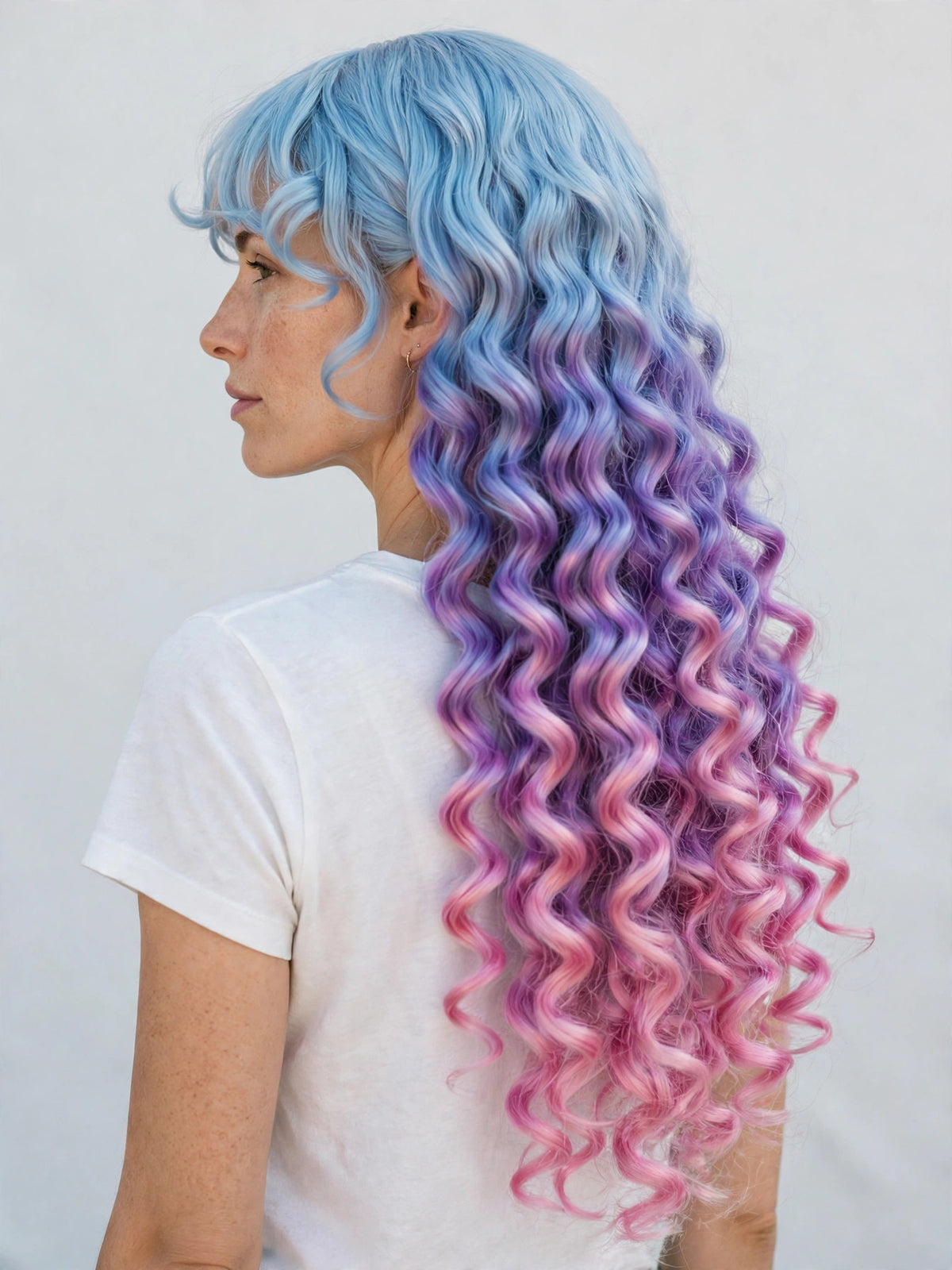 Sky Pink Ombre long curly ombre cosplay wig - back view showing full length