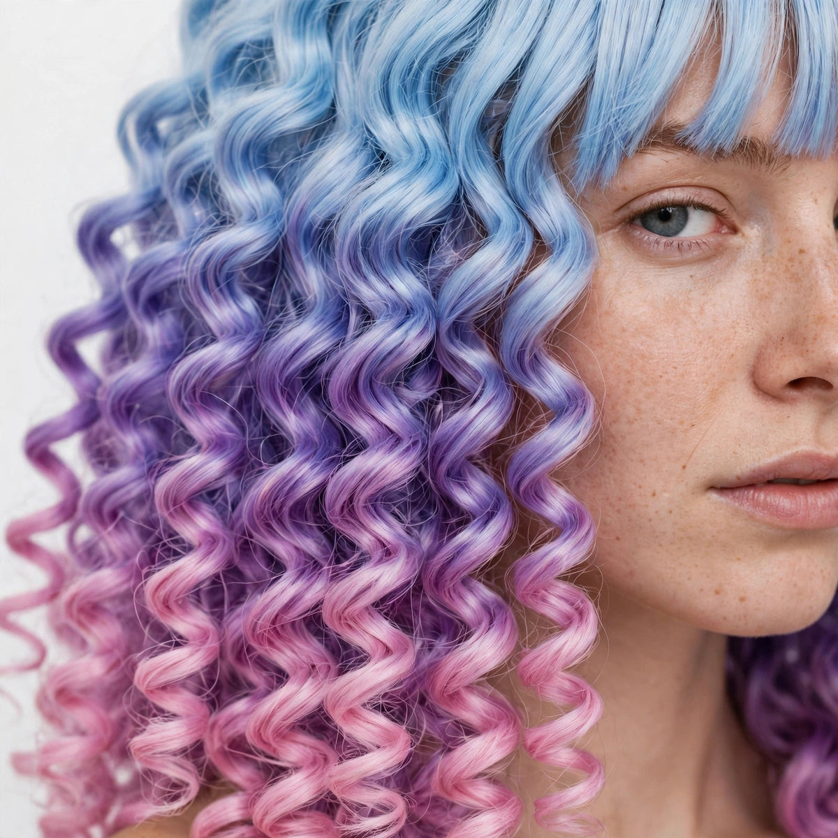 Sky Pink Ombre long curly ombre cosplay wig - close-up of curls and ombre color