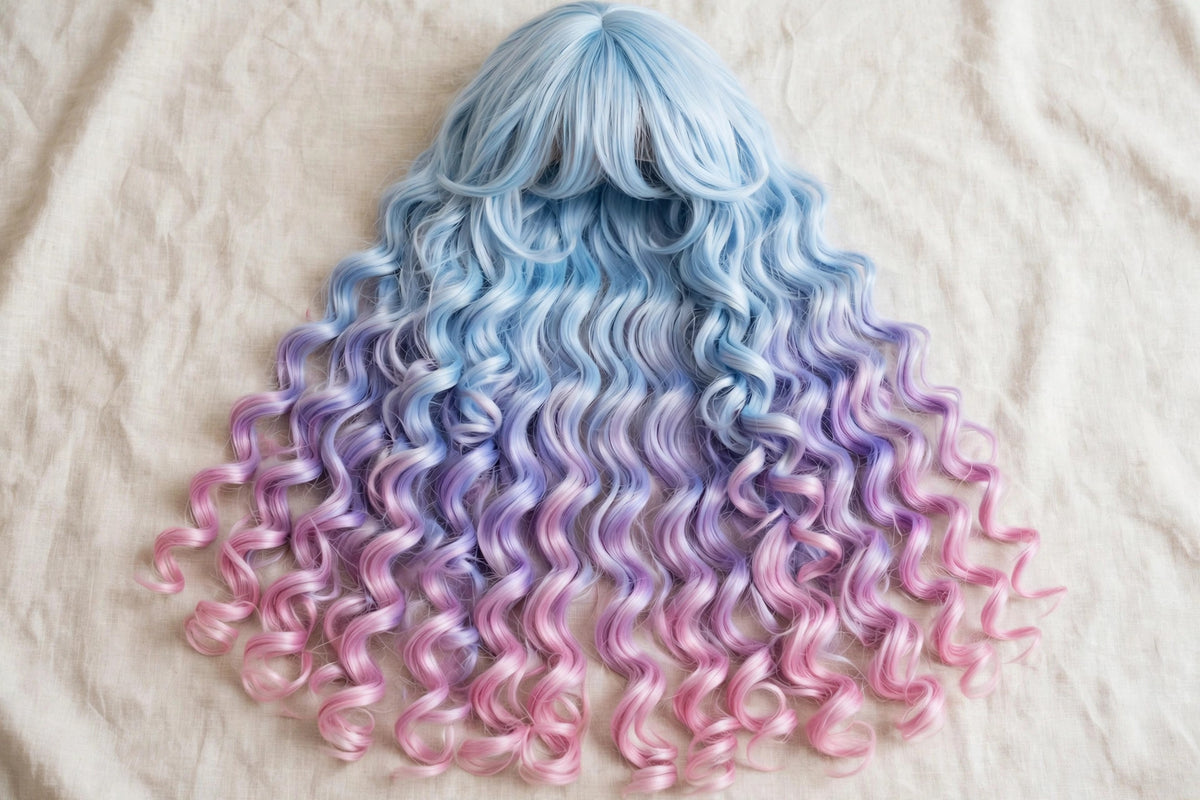 Sky Pink Ombre long curly ombre cosplay wig - flat lay