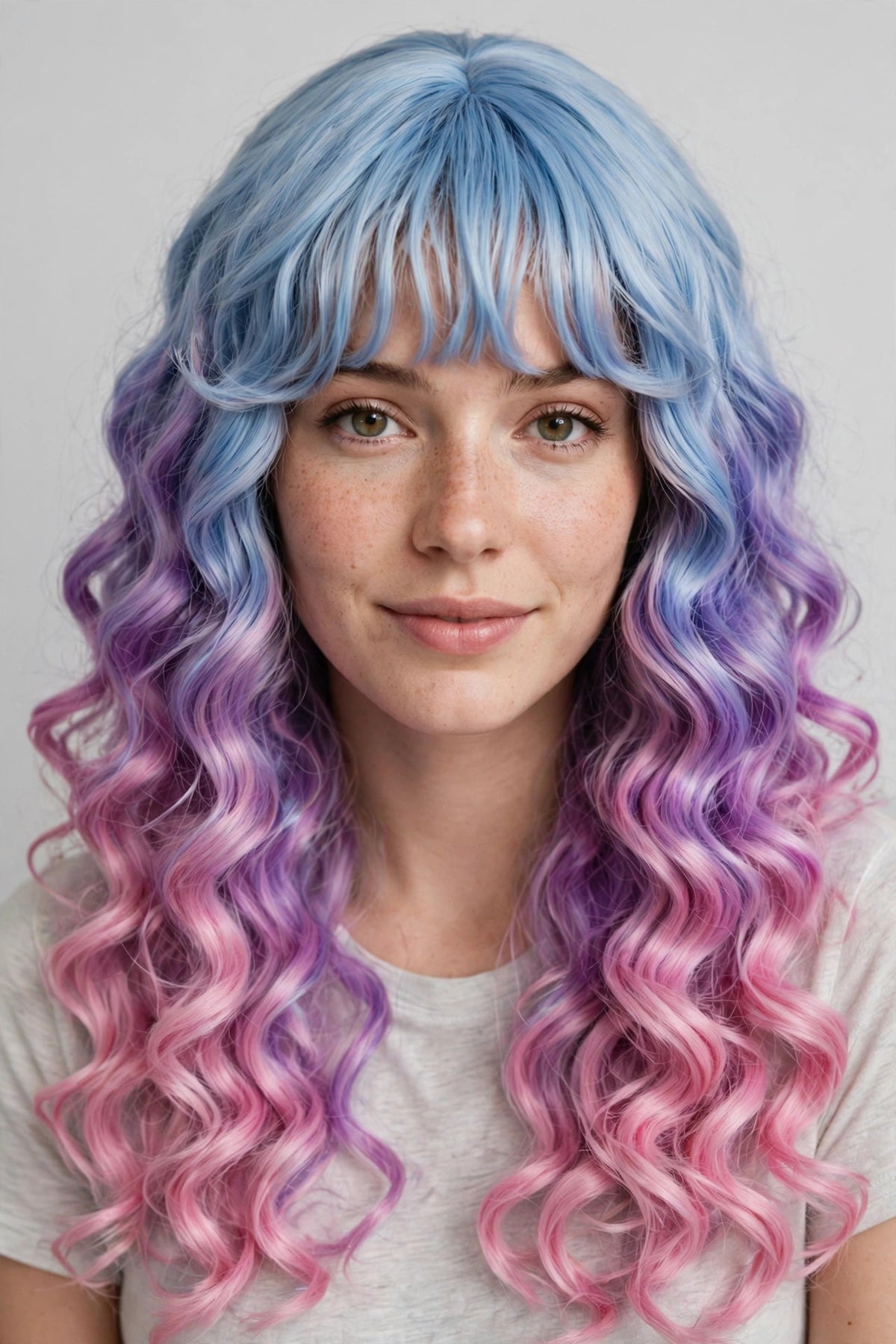 Sky Pink Ombre long curly ombre cosplay wig - front view on model