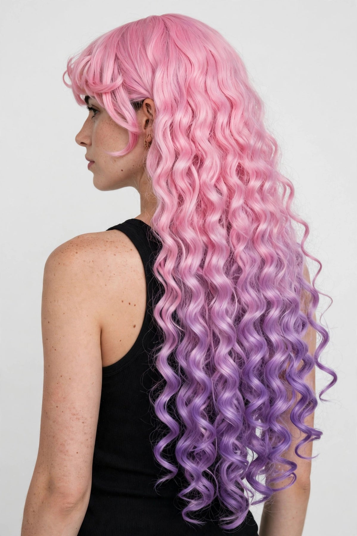 Pink Lavender Ombre long curly ombre cosplay wig - back view showing full length