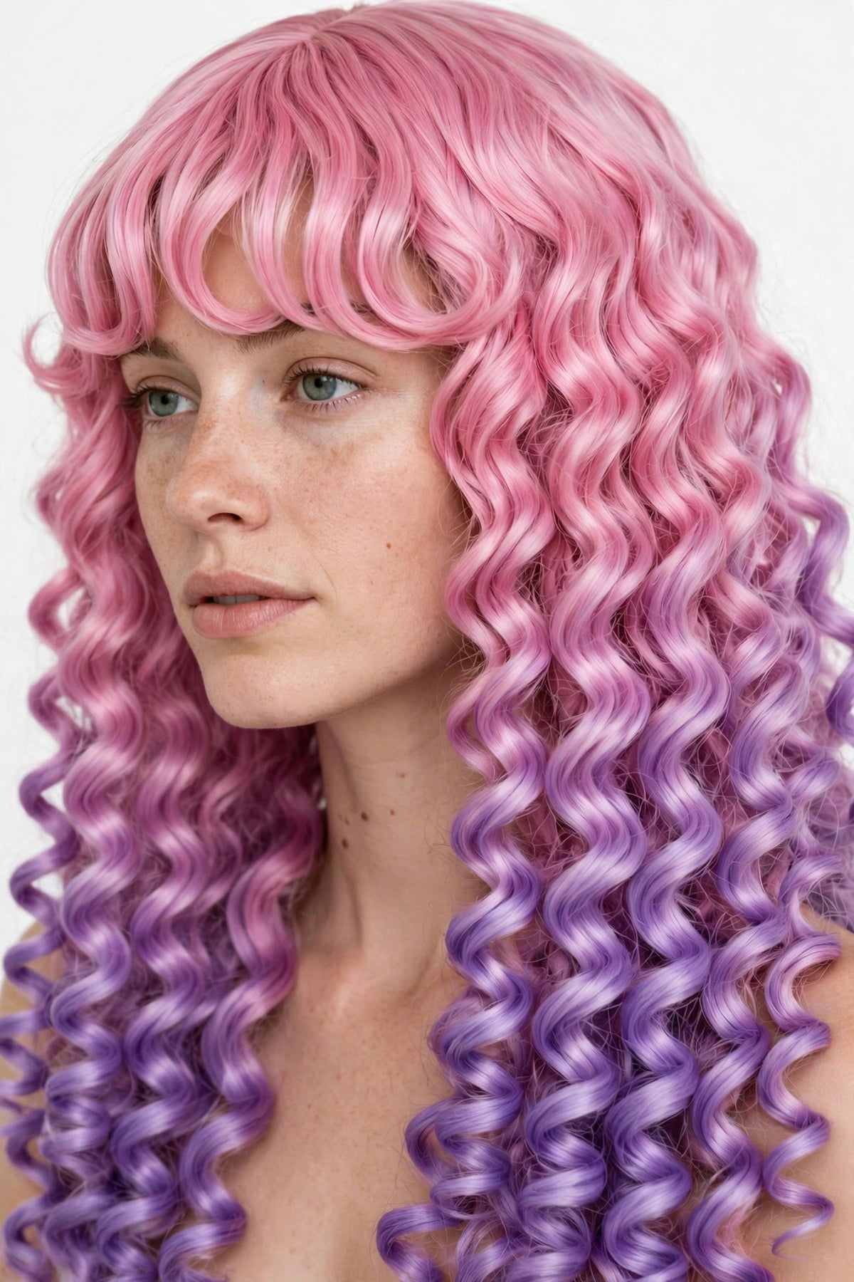 Pink Lavender Ombre long curly ombre cosplay wig - close-up of curls and ombre color