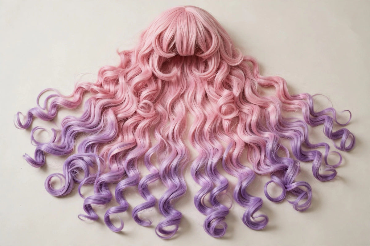 Pink Lavender Ombre long curly ombre cosplay wig - flat lay