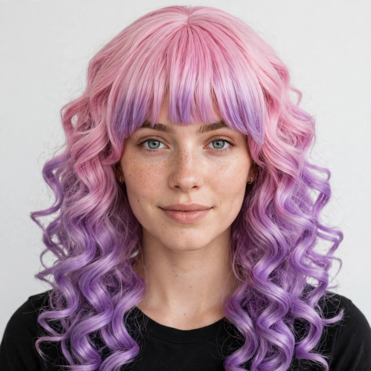Pink Lavender Ombre long curly ombre cosplay wig - front view on model