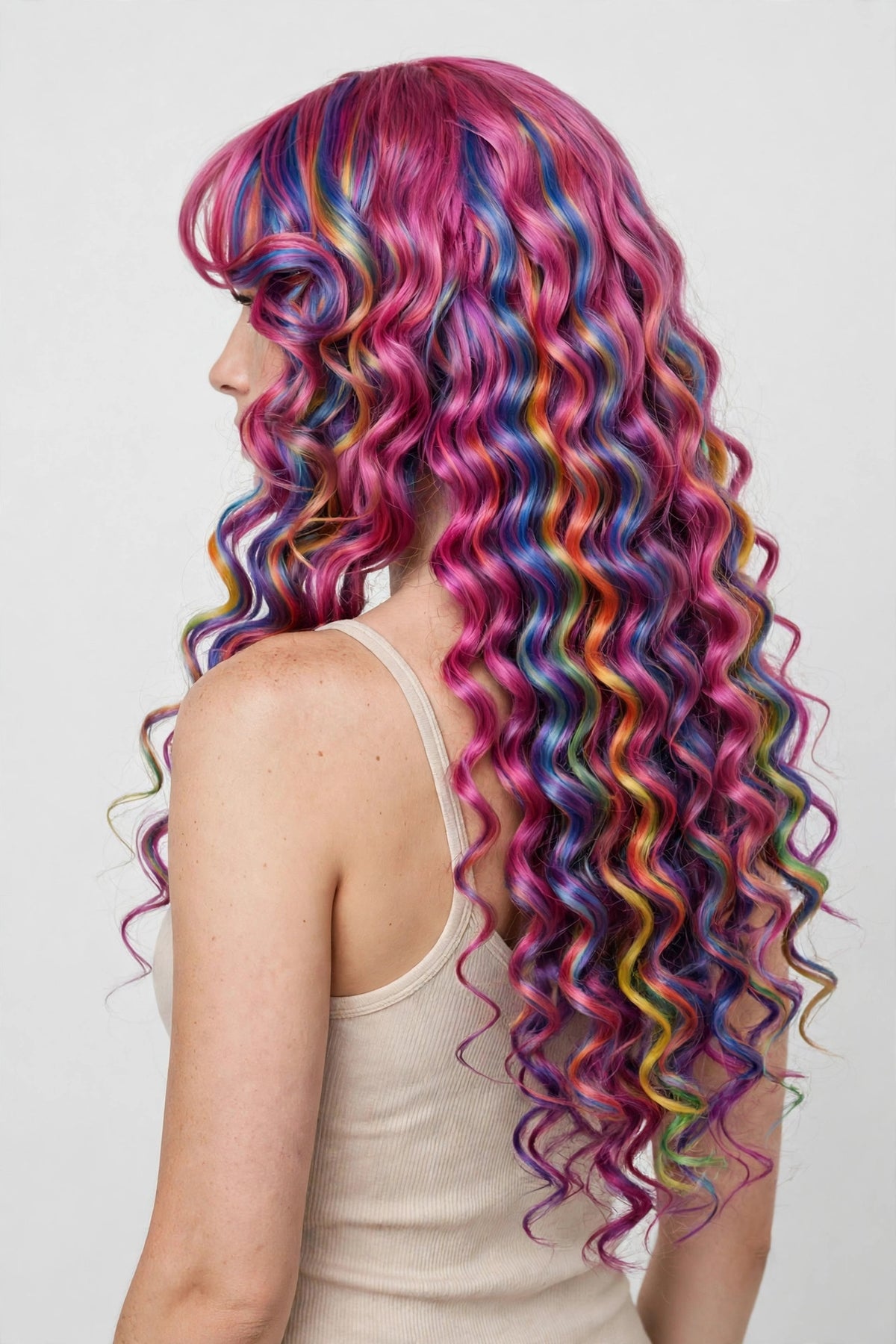 Rainbow Mix long curly ombre cosplay wig - back view showing full length