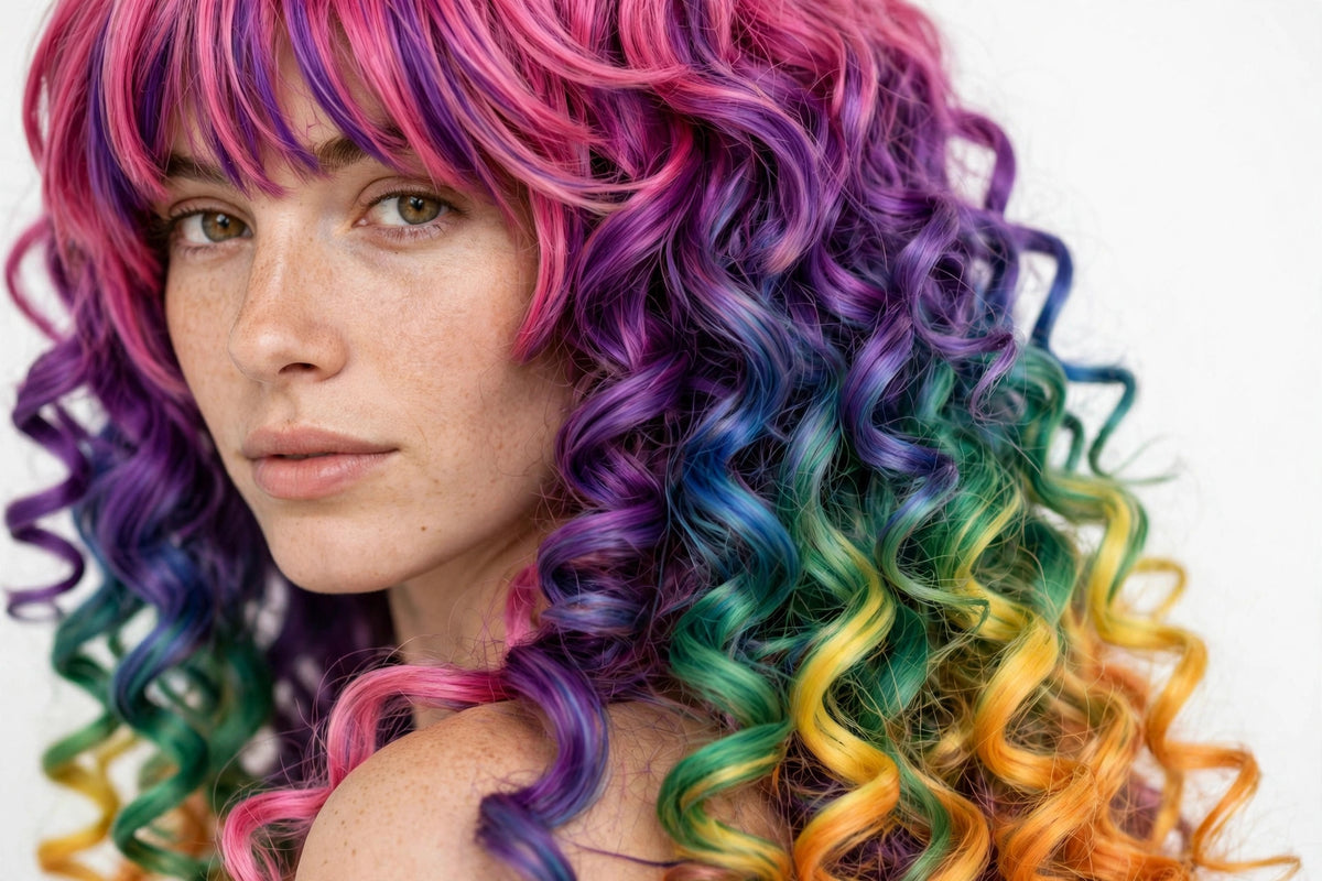 Rainbow Mix long curly ombre cosplay wig - close-up of curls and ombre color