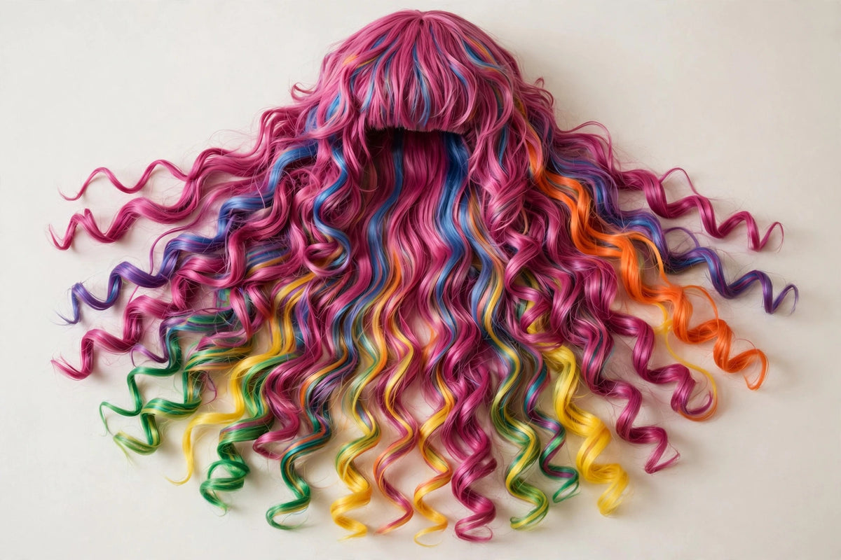 Rainbow Mix long curly ombre cosplay wig - flat lay