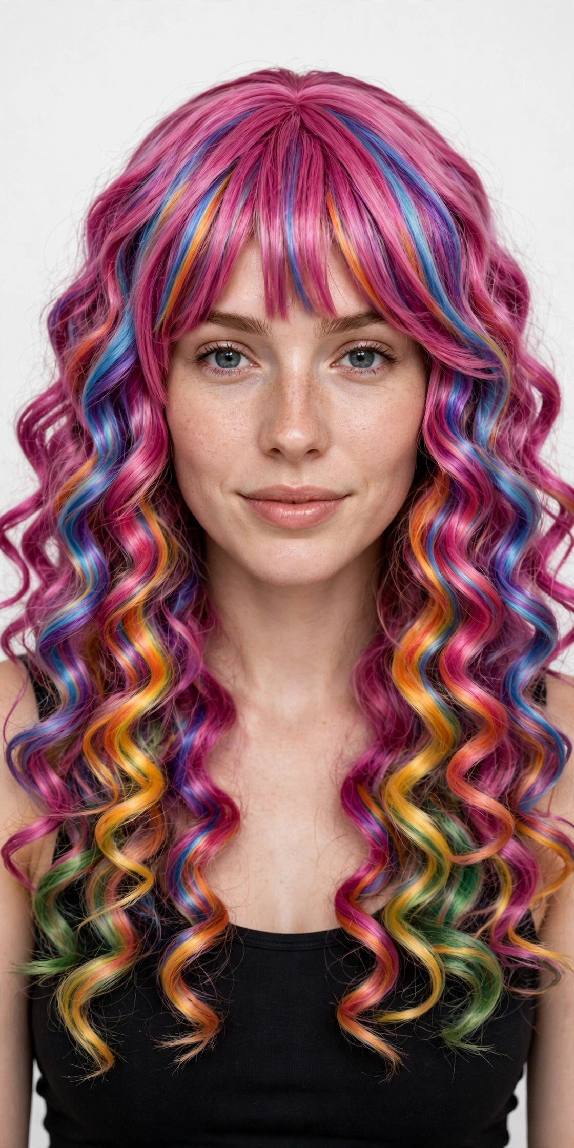 Rainbow Mix long curly ombre cosplay wig - front view on model
