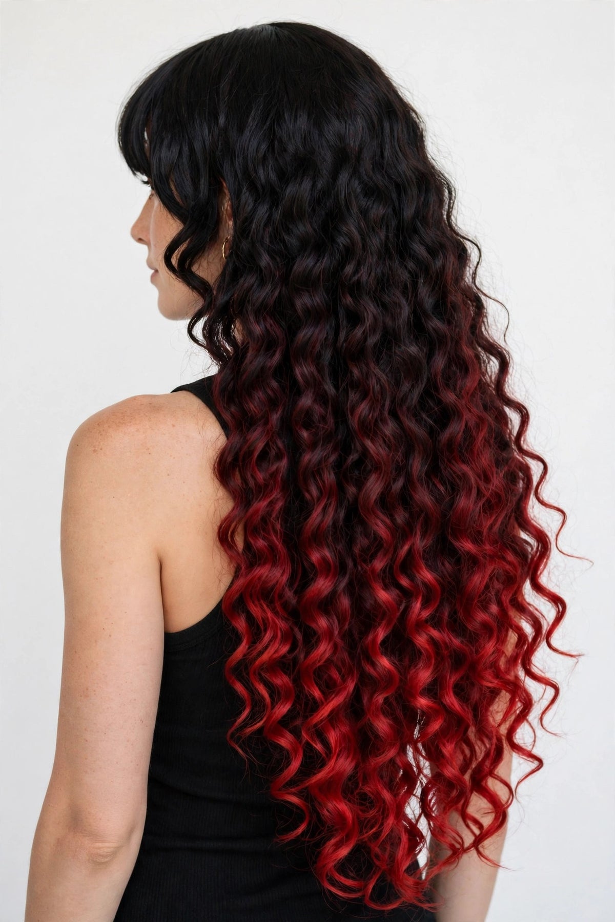 Black Red Ombre long curly ombre cosplay wig - back view showing full length
