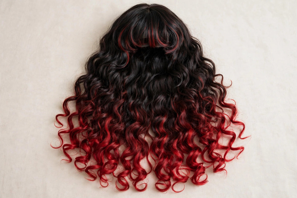 Black Red Ombre long curly ombre cosplay wig - flat lay