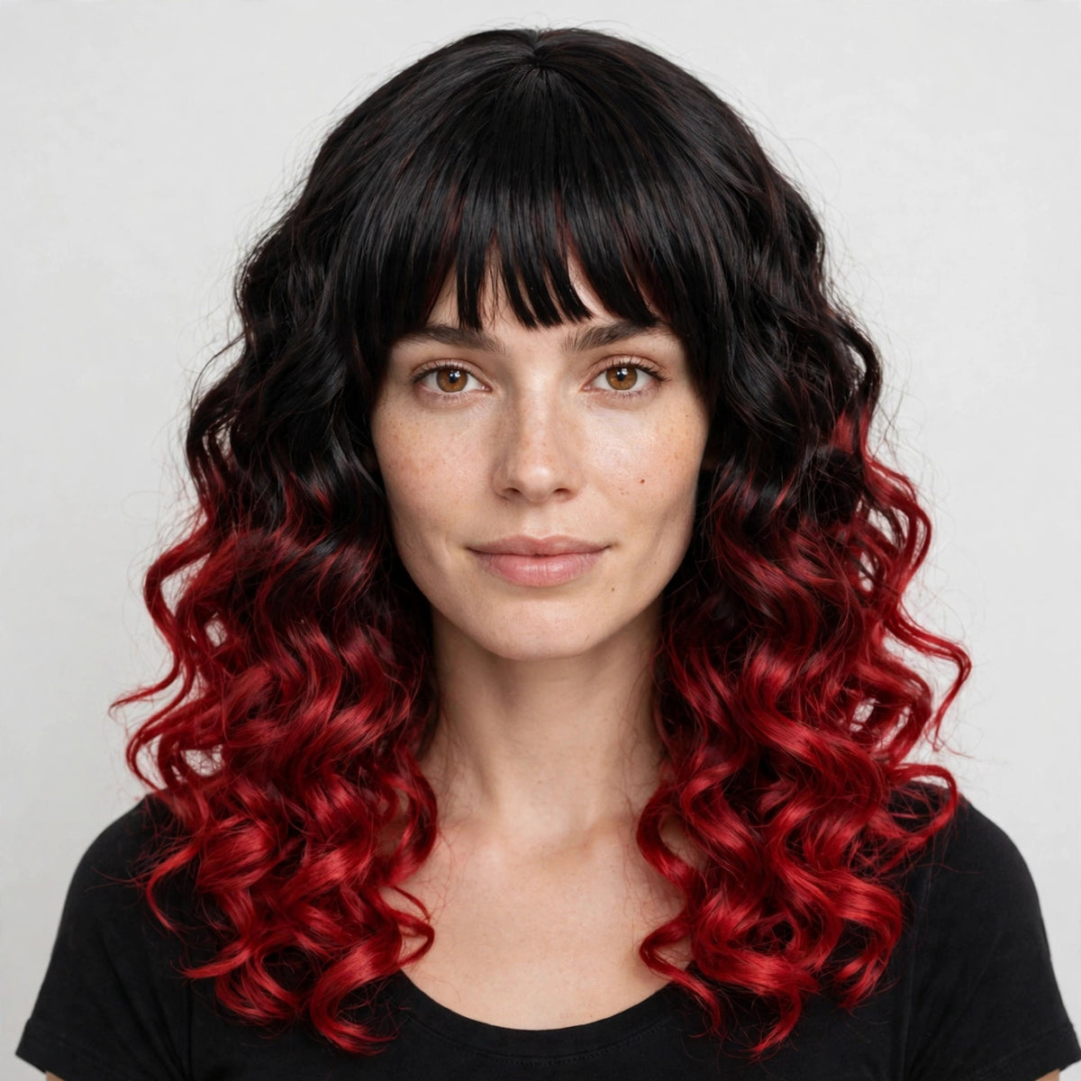 Black Red Ombre long curly ombre cosplay wig - front view on model