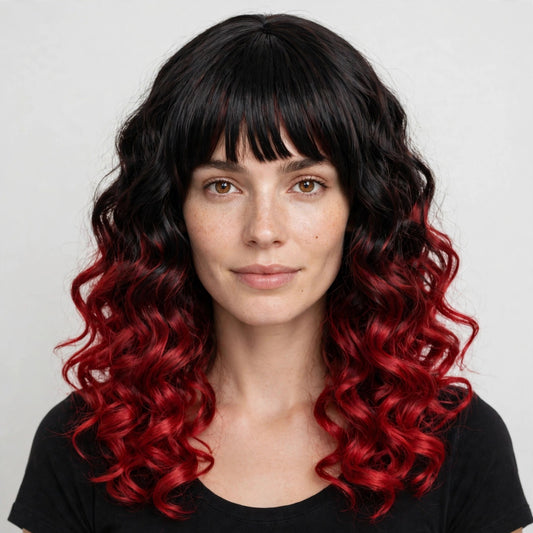 Black Red Ombre long curly ombre cosplay wig - front view on model