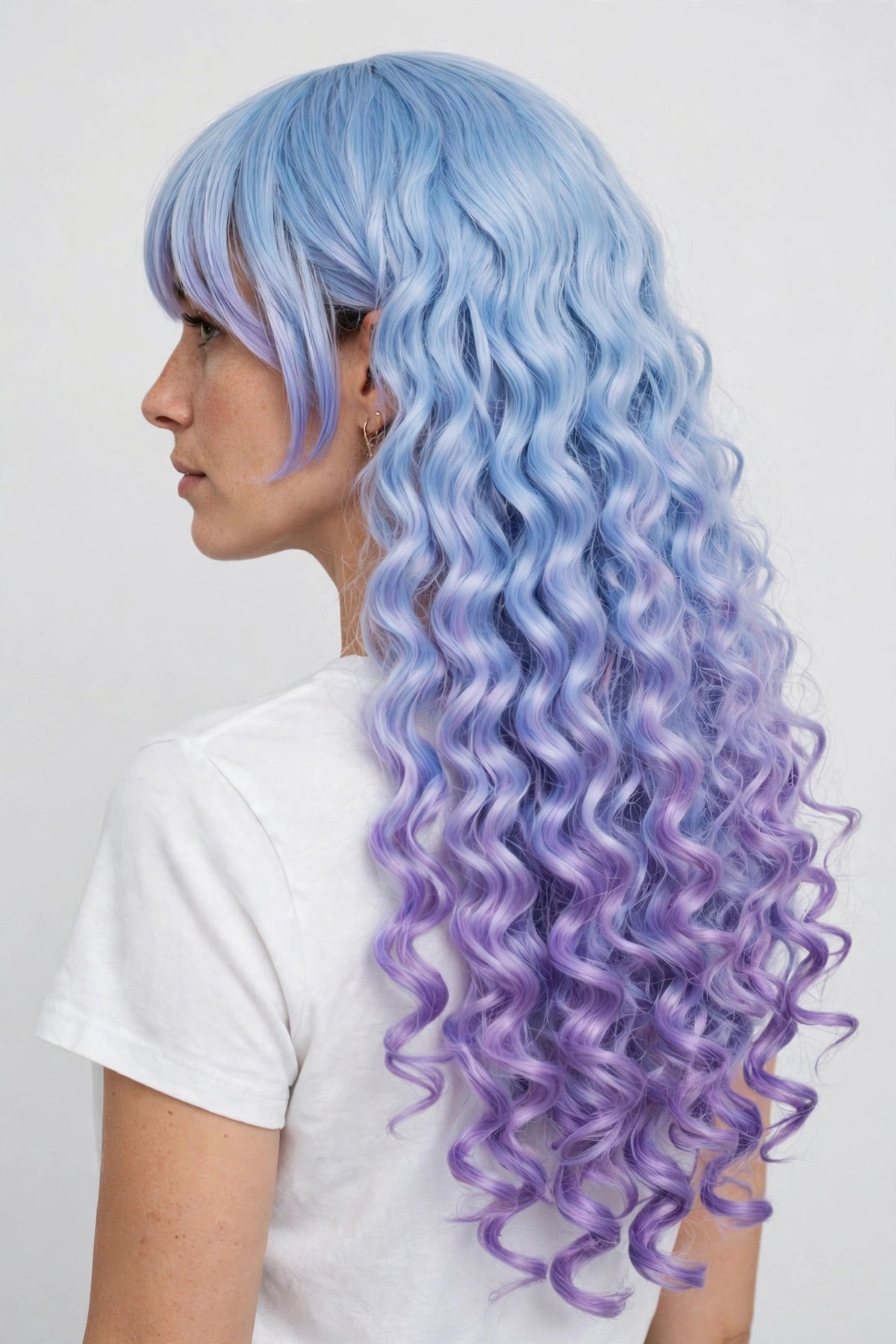 Sky Lavender Ombre long curly ombre cosplay wig - back view showing full length