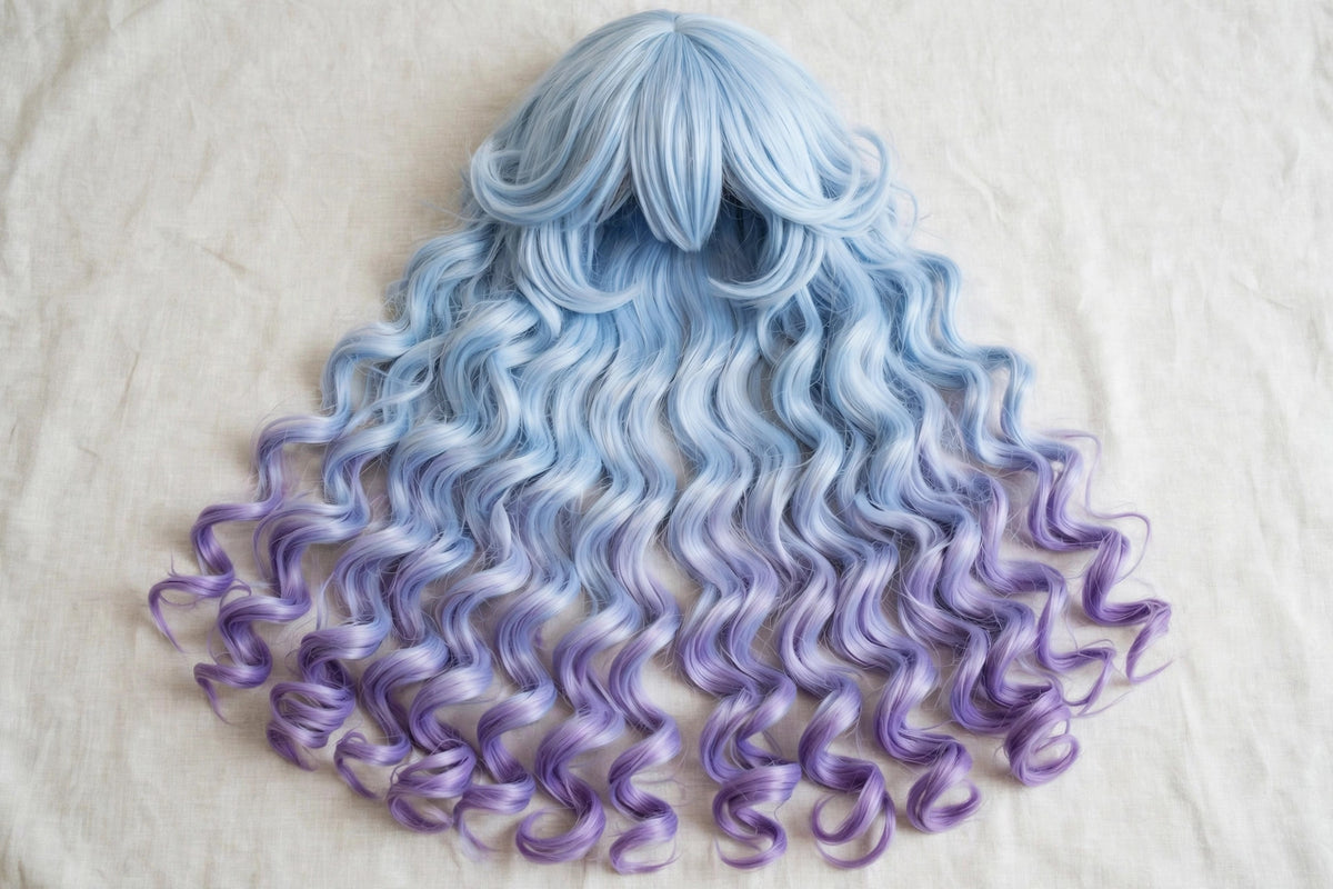 Sky Lavender Ombre long curly ombre cosplay wig - flat lay