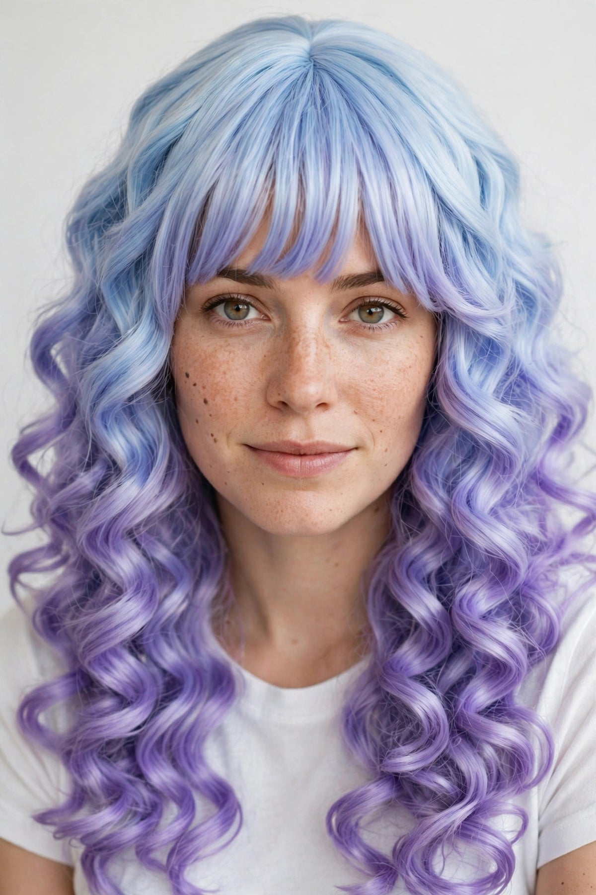 Sky Lavender Ombre long curly ombre cosplay wig - front view on model