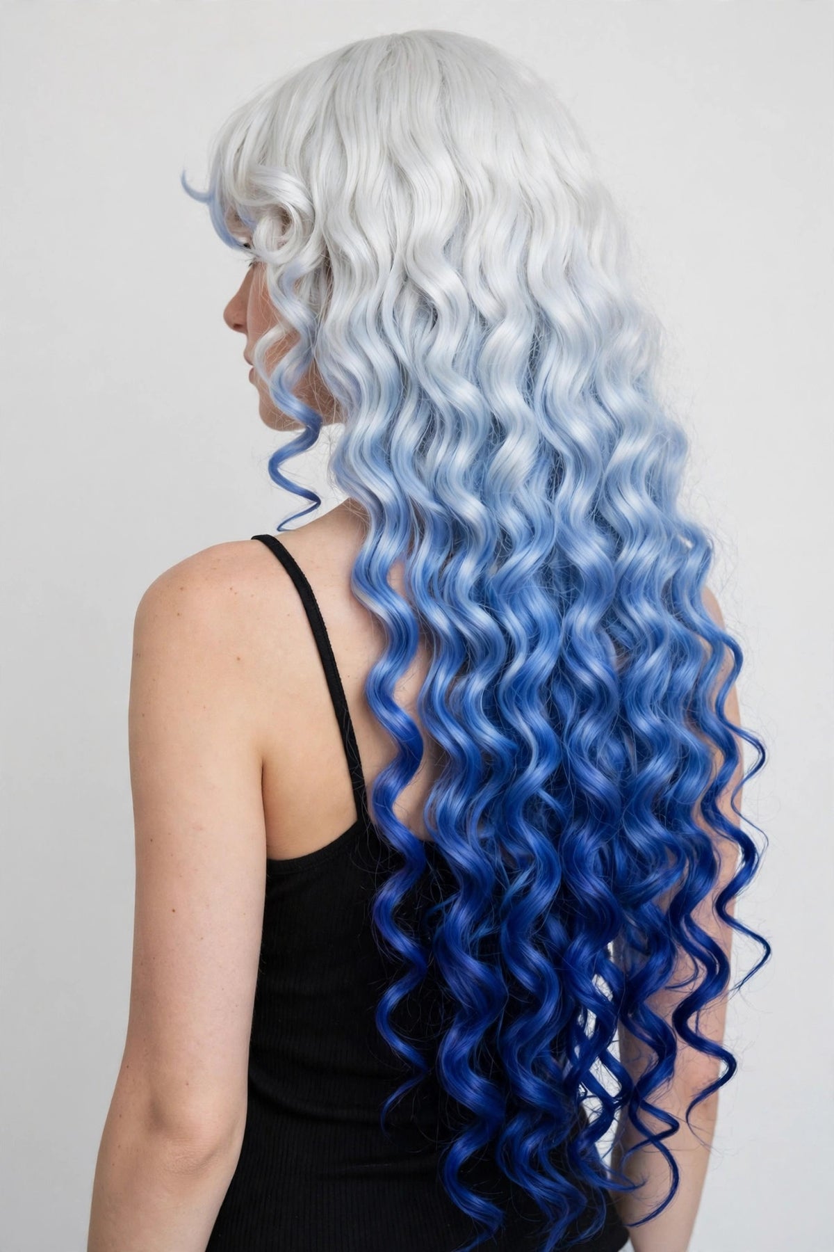 Platinum Blue Ombre long curly ombre cosplay wig - back view showing full length