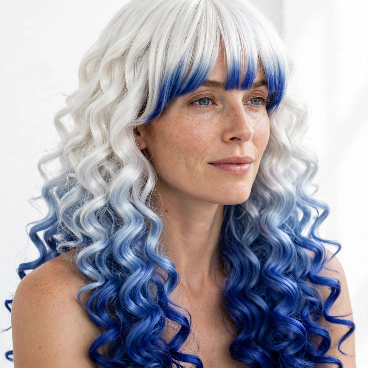 Platinum Blue Ombre long curly ombre cosplay wig - close-up of curls and ombre color
