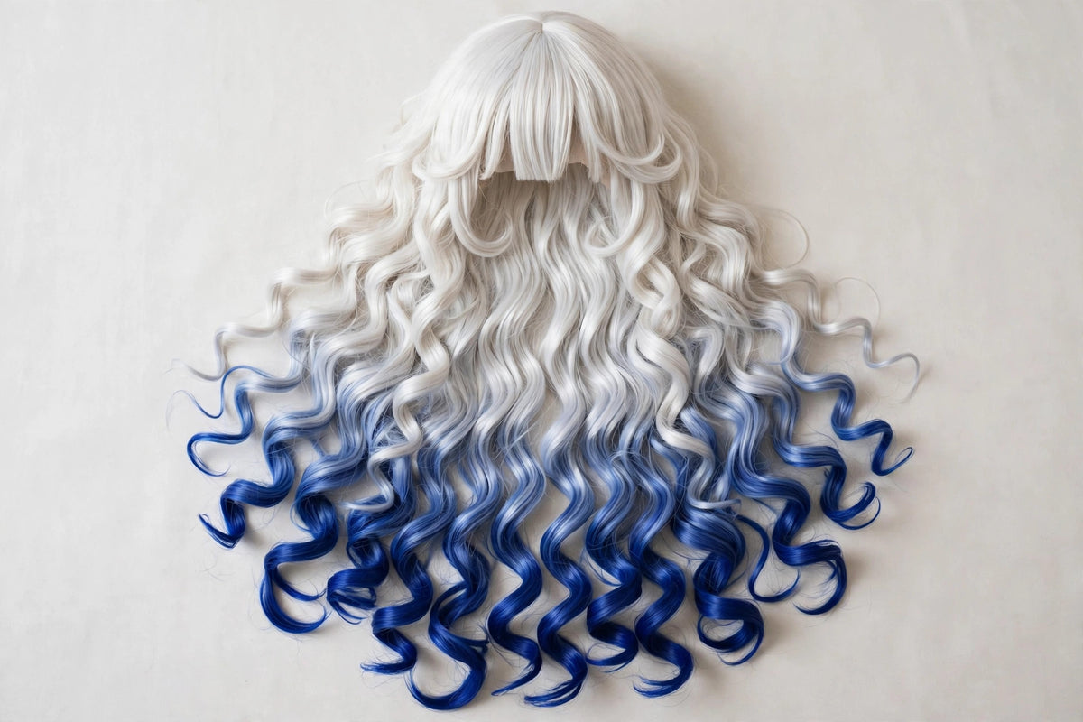 Platinum Blue Ombre long curly ombre cosplay wig - flat lay