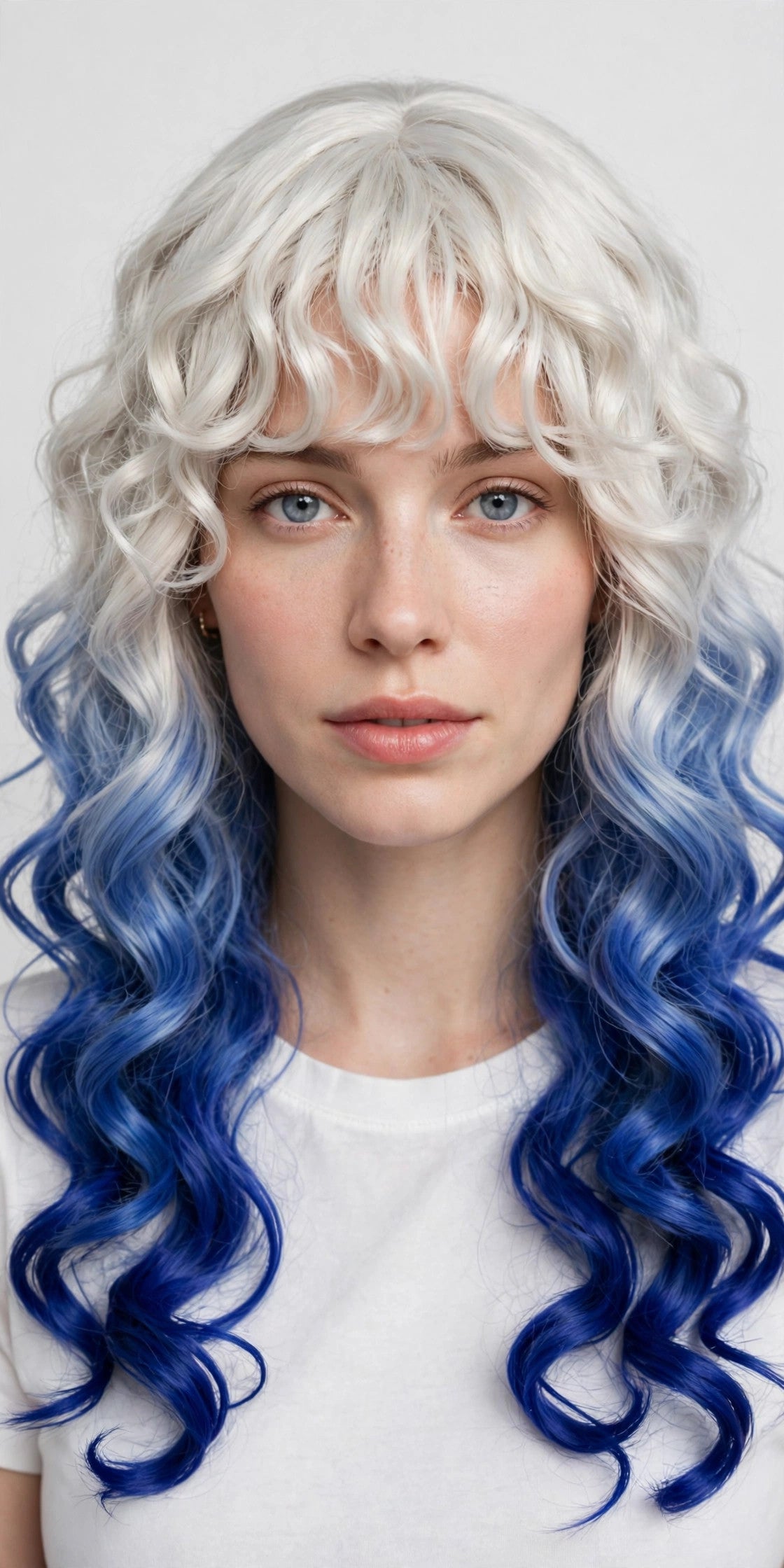 Platinum Blue Ombre long curly ombre cosplay wig - front view on model