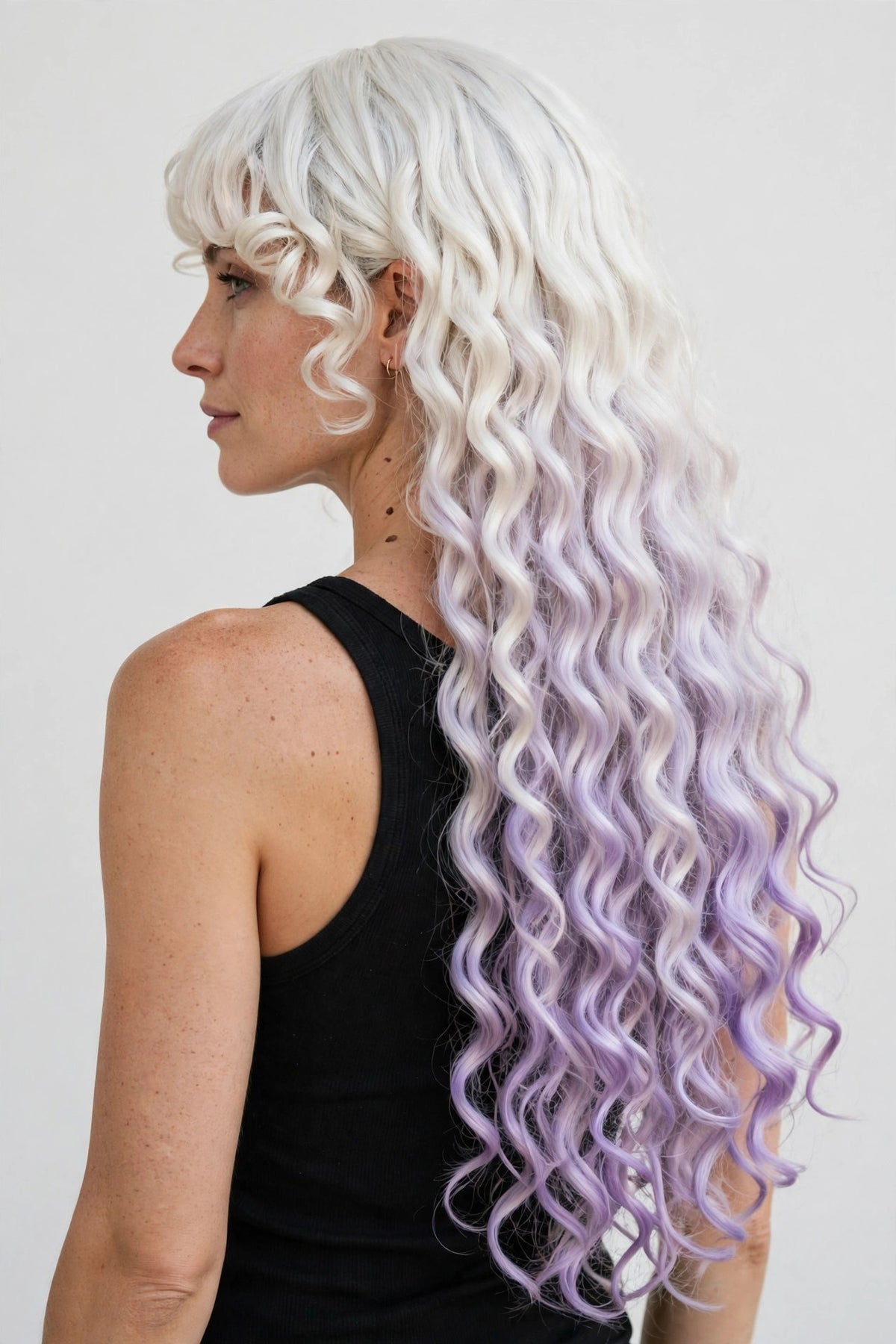 Platinum Lavender Ombre long curly ombre cosplay wig - back view showing full length