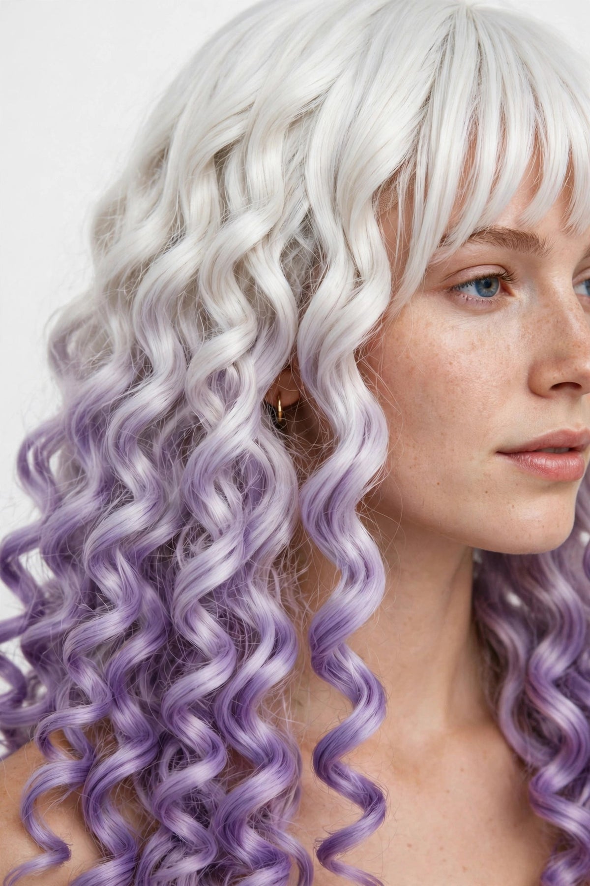Platinum Lavender Ombre long curly ombre cosplay wig - close-up of curls and ombre color