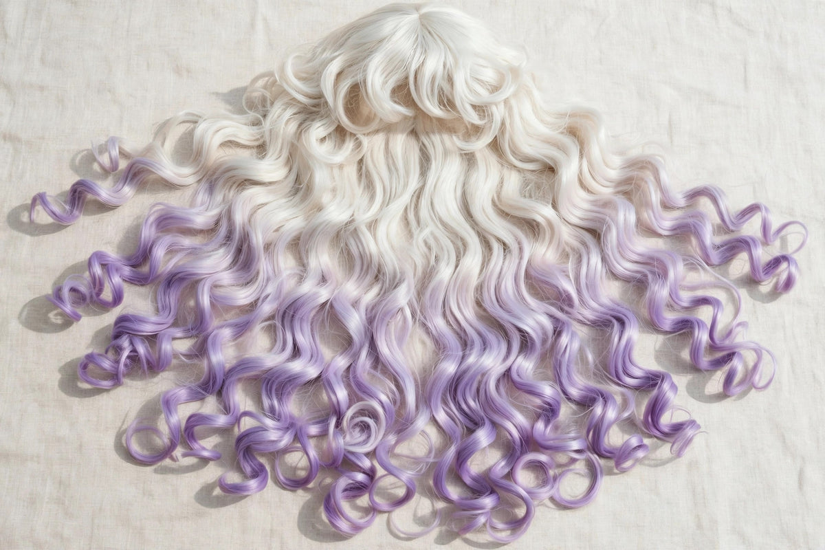 Platinum Lavender Ombre long curly ombre cosplay wig - flat lay