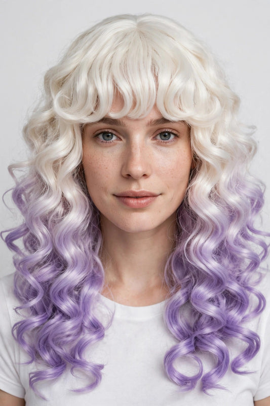 Platinum Lavender Ombre long curly ombre cosplay wig - front view on model