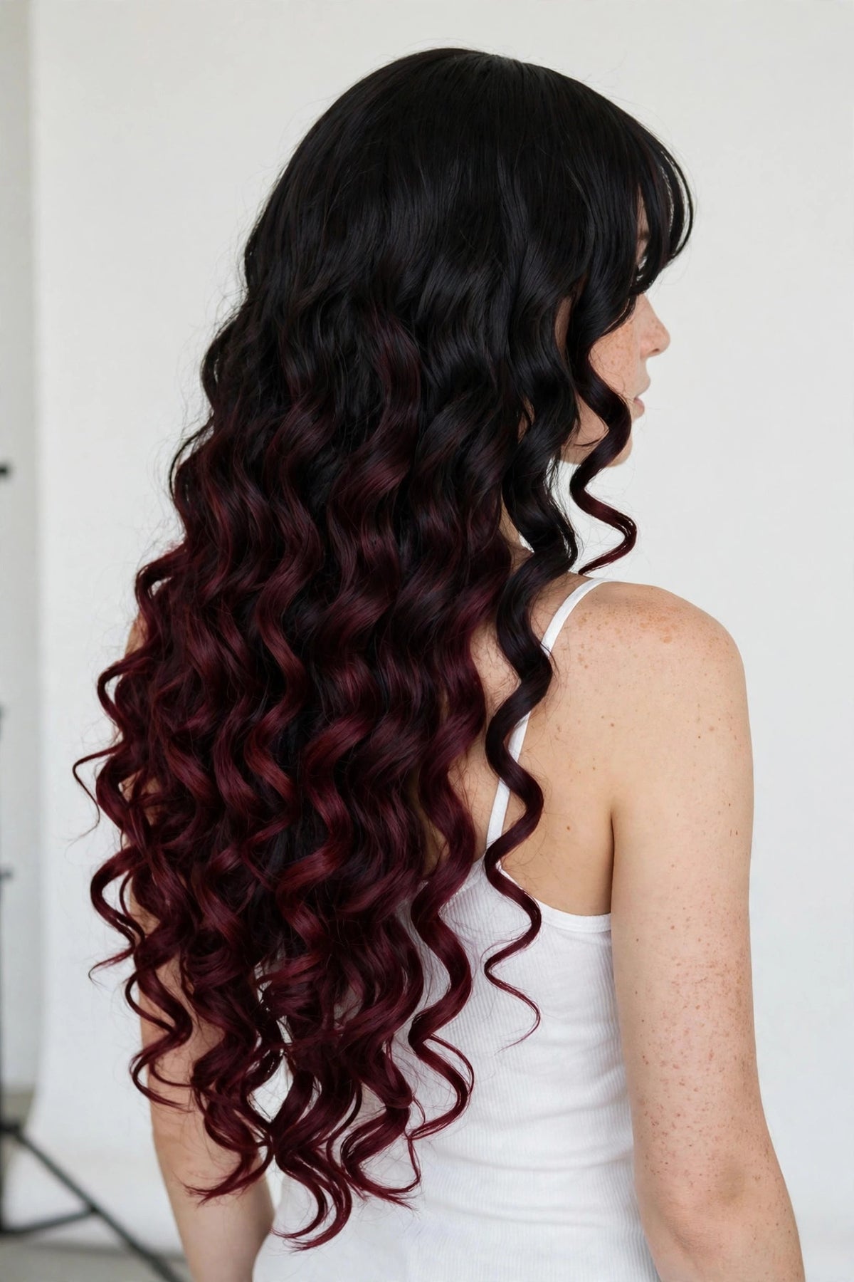 Black Wine Ombre long curly ombre cosplay wig - back view showing full length
