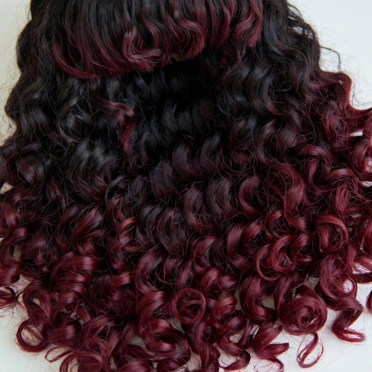 Black Wine Ombre long curly ombre cosplay wig - close-up of curls and ombre color