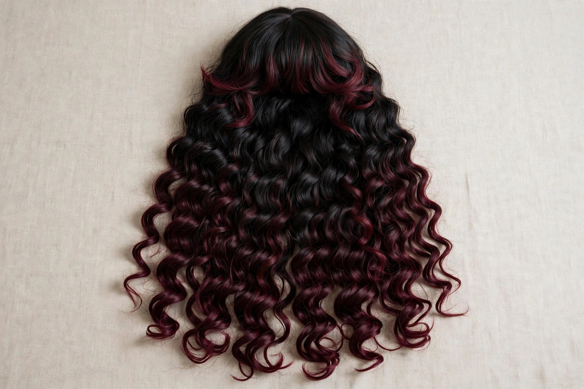 Black Wine Ombre long curly ombre cosplay wig - flat lay
