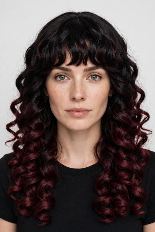 Black Wine Ombre long curly ombre cosplay wig - front view on model