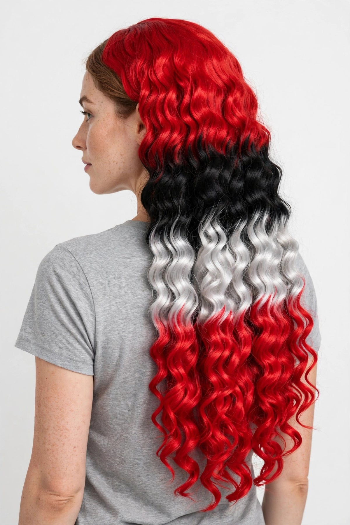 Crimson Banded long curly ombre cosplay wig - back view showing full length